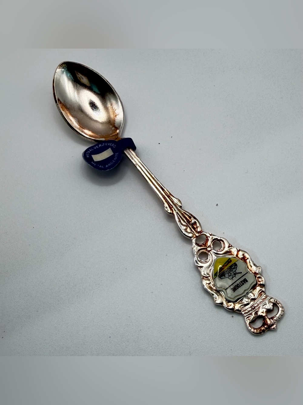 Vintage Bastogne Belgium Souvenir Spoon Tank WWII Silver Plated Enamel Cased